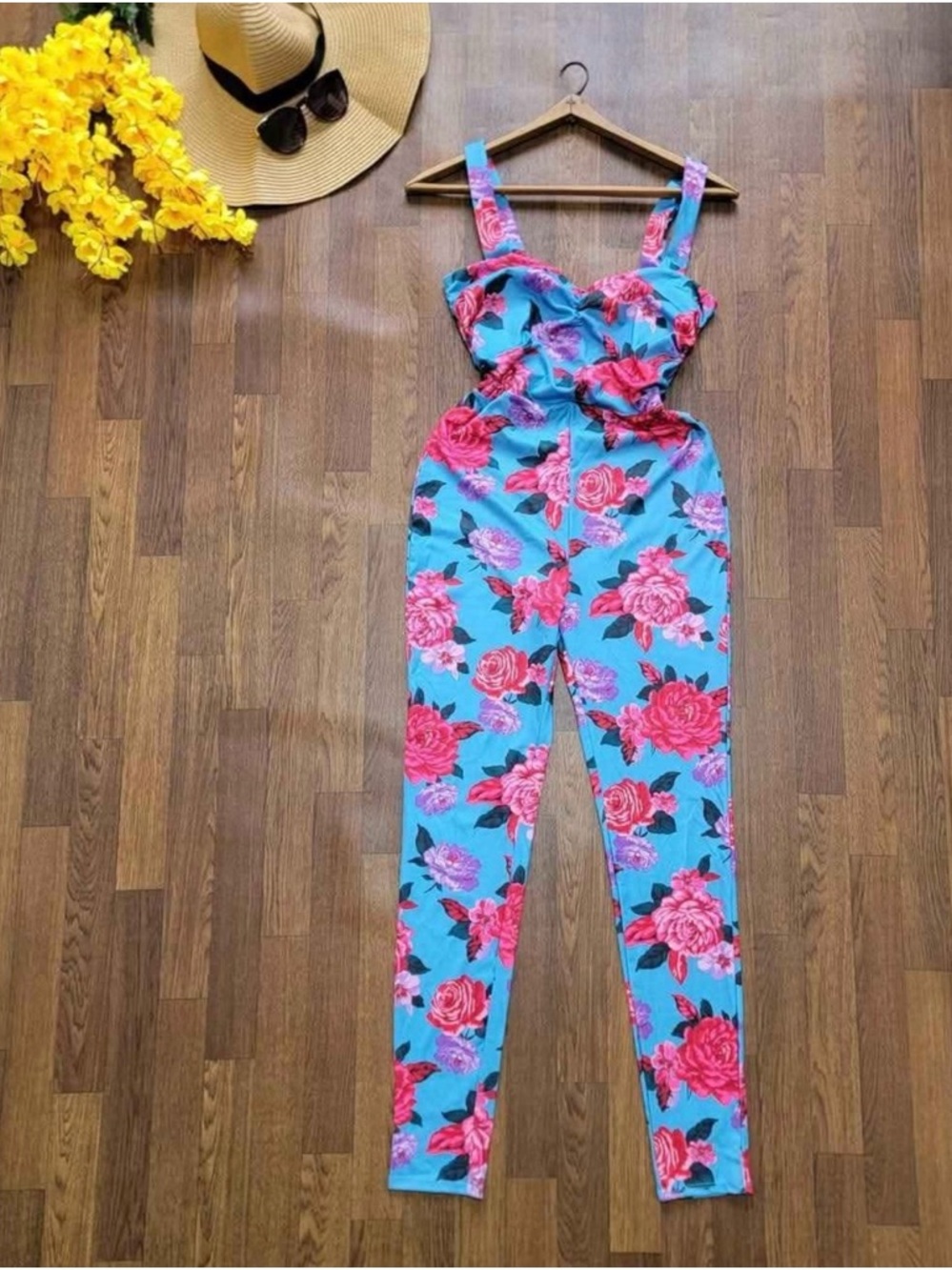 Forever 21 Turquoise Floral Cutout Jumpsuit with Pink Rose Print
